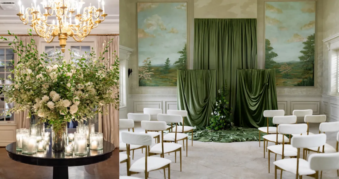 Ceremony aisle with white drapes and candles